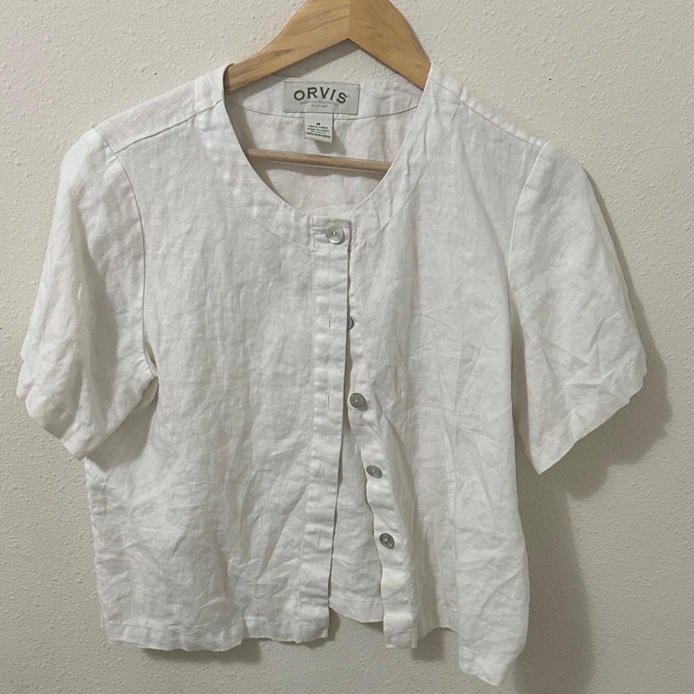 Orvis Cream Linen Short Sleeve Blouse